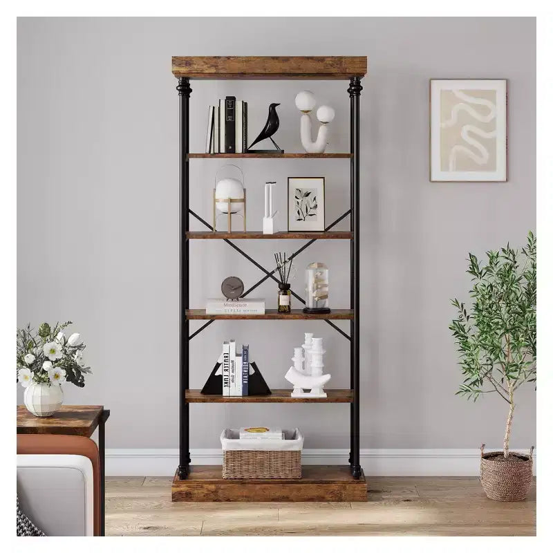 Libreria aperta a 5 ripiani, marrone / grigio, stile vintage, struttura in metallo, montaggio per 1 persona