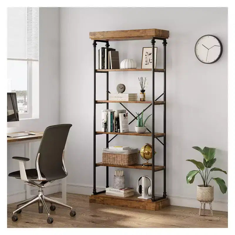 Libreria aperta a 5 ripiani, marrone / grigio, stile vintage, struttura in metallo, montaggio per 1 persona