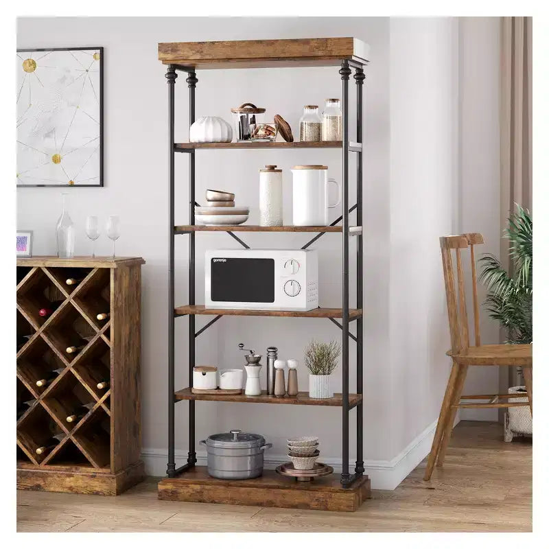 Libreria aperta a 5 ripiani, marrone / grigio, stile vintage, struttura in metallo, montaggio per 1 persona