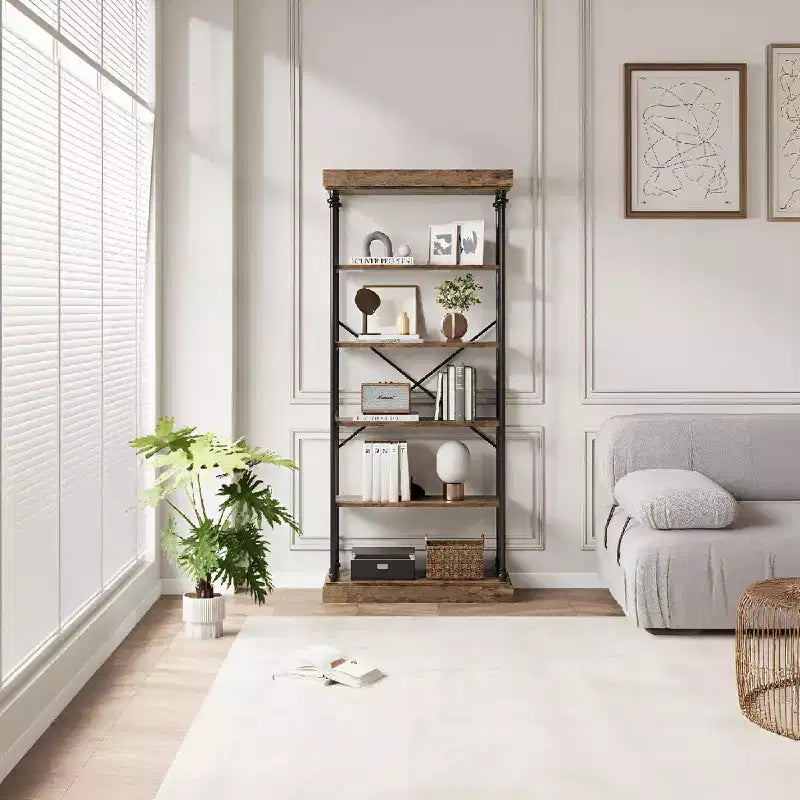 Libreria aperta a 5 ripiani, marrone / grigio, stile vintage, struttura in metallo, montaggio per 1 persona