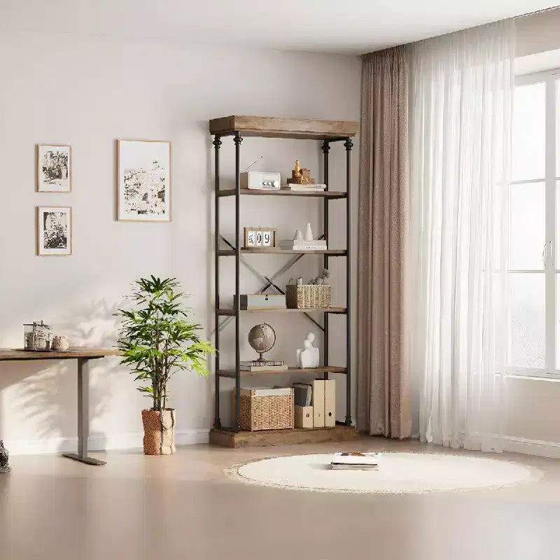 Libreria aperta a 5 ripiani, marrone / grigio, stile vintage, struttura in metallo, montaggio per 1 persona