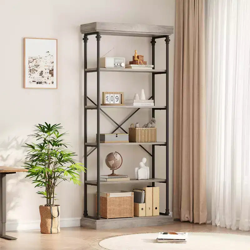 Libreria aperta a 5 ripiani, marrone / grigio, stile vintage, struttura in metallo, montaggio per 1 persona
