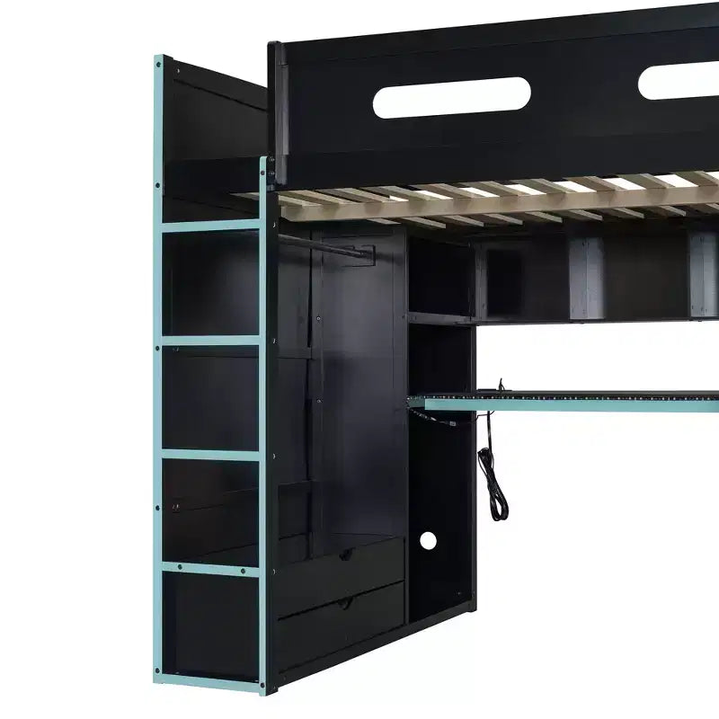 Letto a soppalco da gaming per adulti con scrivania, armadio, LED e USB – singolo – Blu/Verde/Rosso