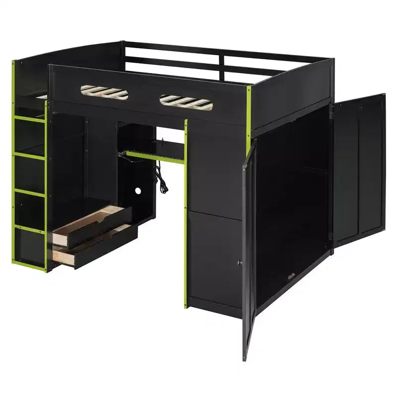 Letto a soppalco da gaming per adulti con scrivania, armadio, LED e USB – singolo – Blu/Verde/Rosso