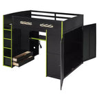 Letto a soppalco da gaming per adulti con scrivania, armadio, LED e USB – singolo – Blu/Verde/Rosso