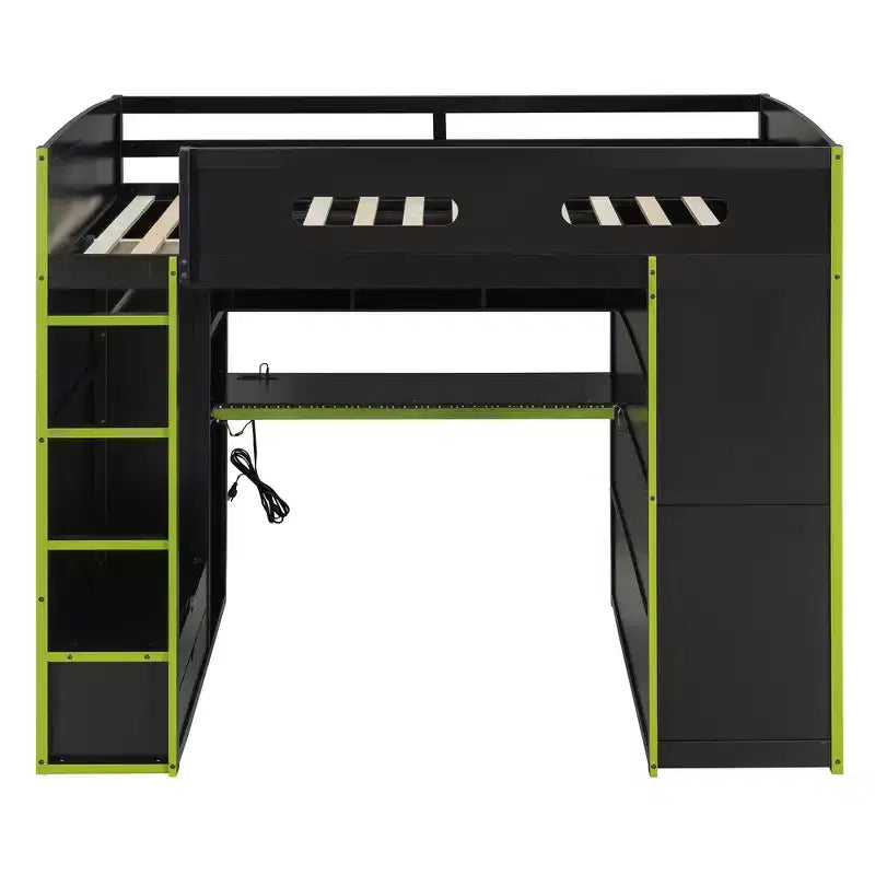 Letto a soppalco da gaming per adulti con scrivania, armadio, LED e USB – singolo – Blu/Verde/Rosso