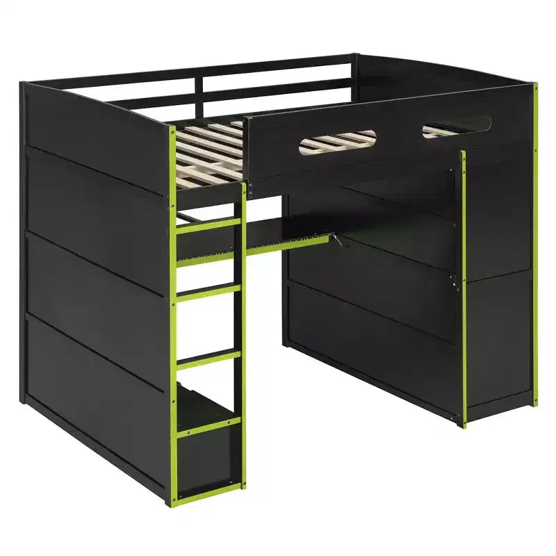 Letto a soppalco da gaming per adulti con scrivania, armadio, LED e USB – singolo – Blu/Verde/Rosso