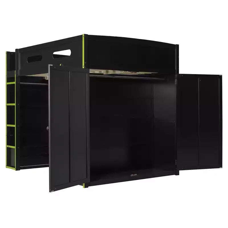 Letto a soppalco da gaming per adulti con scrivania, armadio, LED e USB – singolo – Blu/Verde/Rosso