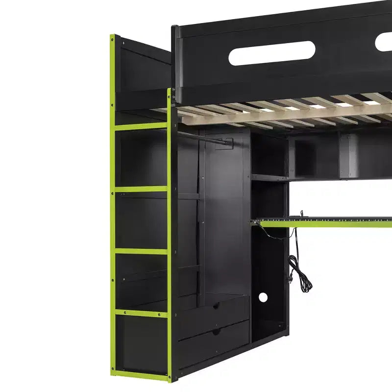 Letto a soppalco da gaming per adulti con scrivania, armadio, LED e USB – singolo – Blu/Verde/Rosso