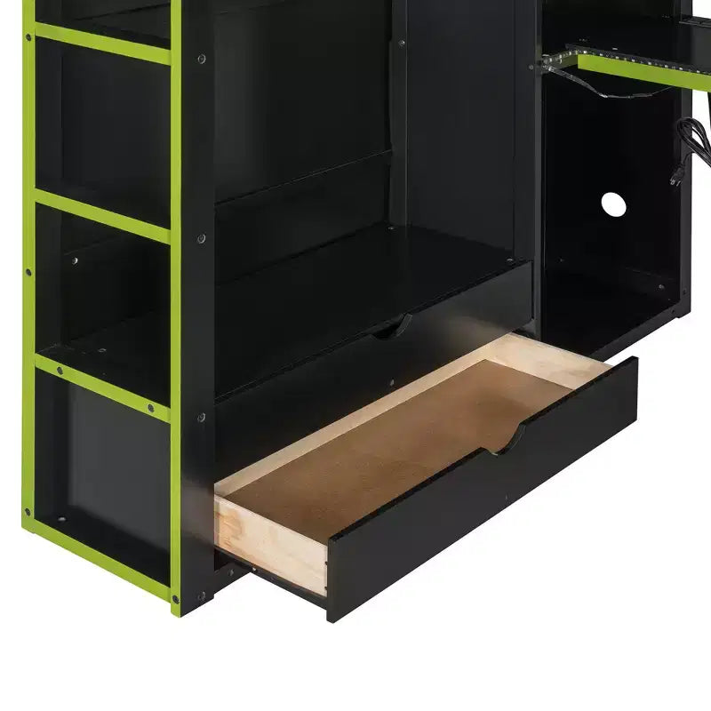 Letto a soppalco da gaming per adulti con scrivania, armadio, LED e USB – singolo – Blu/Verde/Rosso