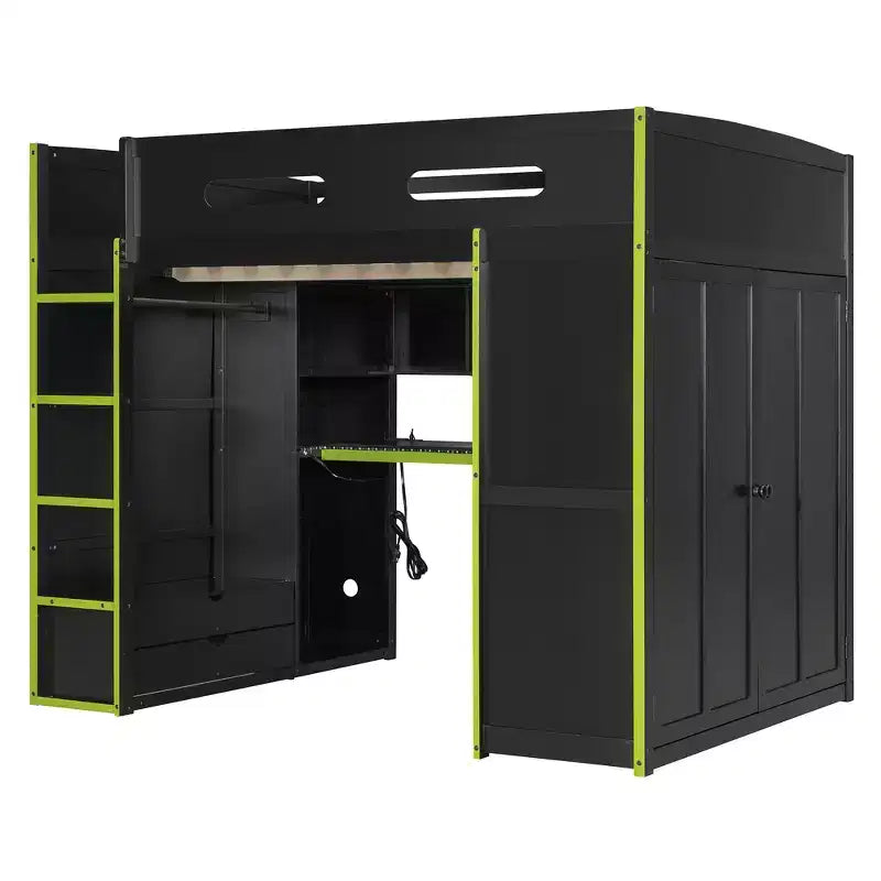 Letto a soppalco da gaming per adulti con scrivania, armadio, LED e USB – singolo – Blu/Verde/Rosso