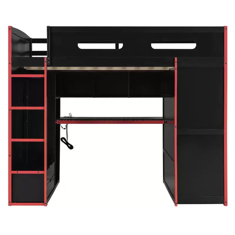 Letto a soppalco da gaming per adulti con scrivania, armadio, LED e USB – singolo – Blu/Verde/Rosso