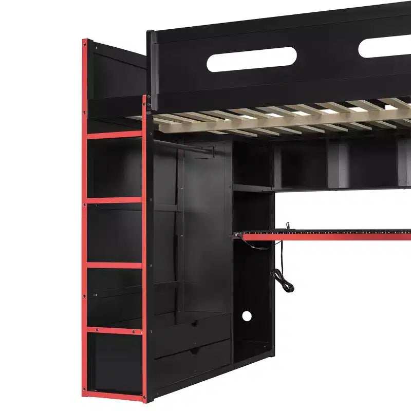 Letto a soppalco da gaming per adulti con scrivania, armadio, LED e USB – singolo – Blu/Verde/Rosso