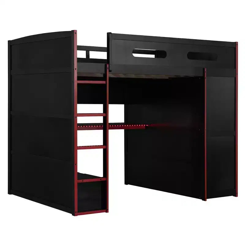 Letto a soppalco da gaming per adulti con scrivania, armadio, LED e USB – singolo – Blu/Verde/Rosso