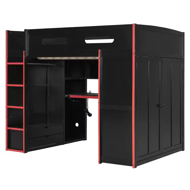 Letto a soppalco da gaming per adulti con scrivania, armadio, LED e USB – singolo – Blu/Verde/Rosso