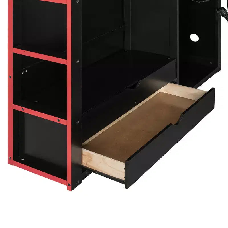 Letto a soppalco da gaming per adulti con scrivania, armadio, LED e USB – singolo – Blu/Verde/Rosso