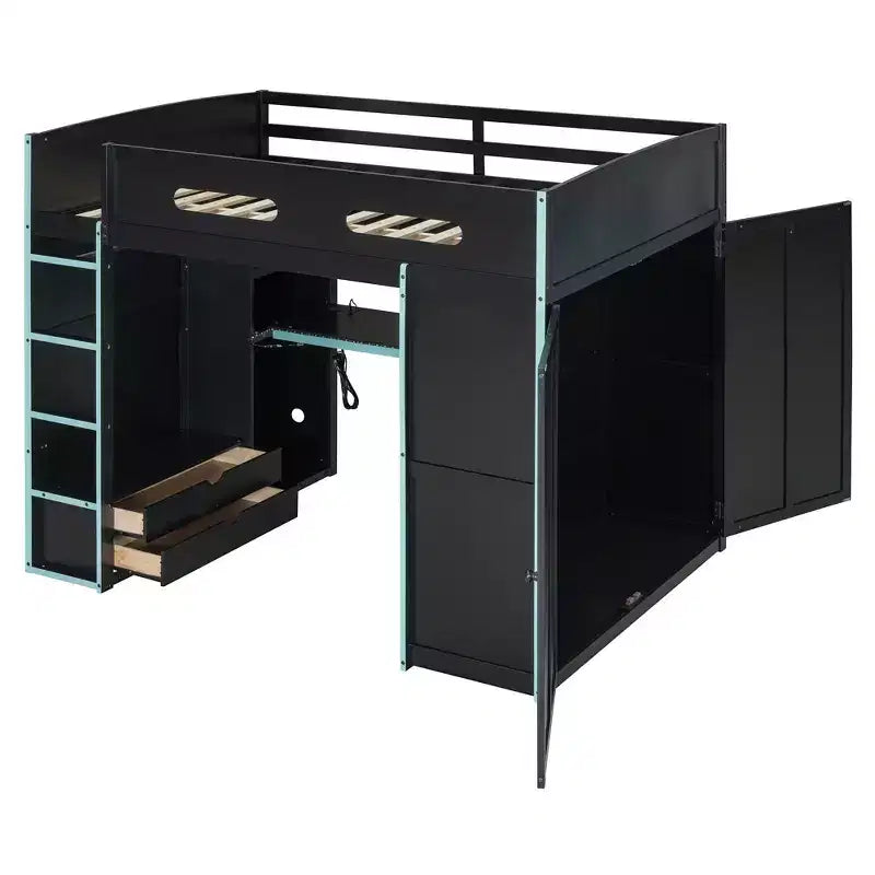 Letto a soppalco da gaming per adulti con scrivania, armadio, LED e USB – singolo – Blu/Verde/Rosso