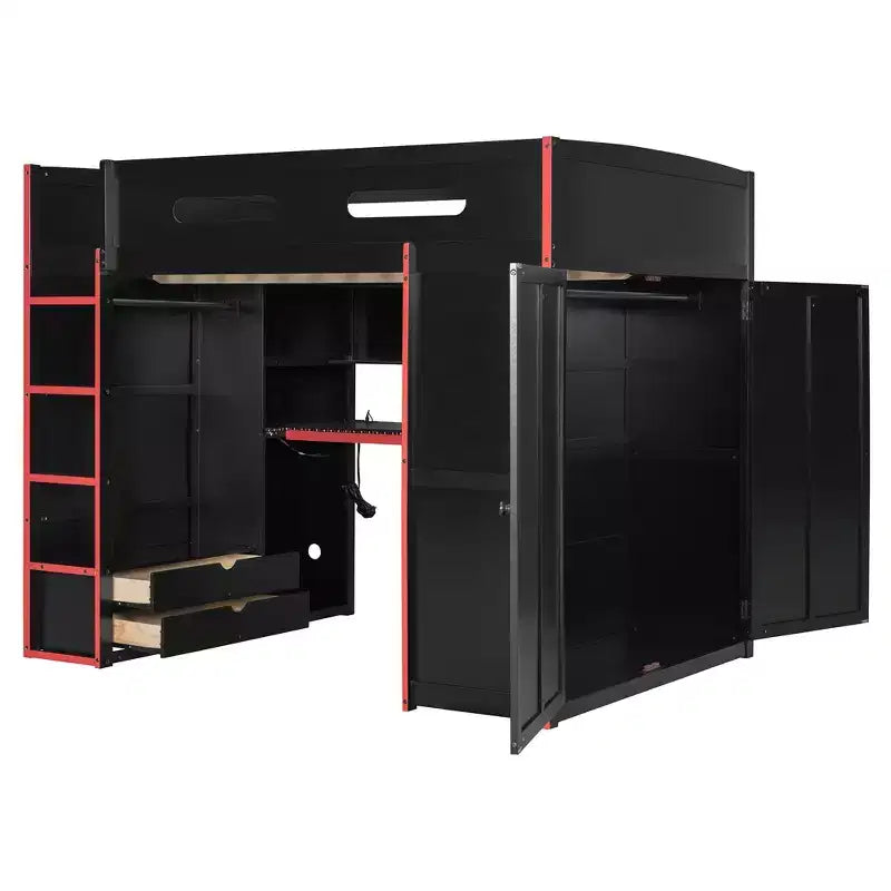 Letto a soppalco da gaming per adulti con scrivania, armadio, LED e USB – singolo – Blu/Verde/Rosso