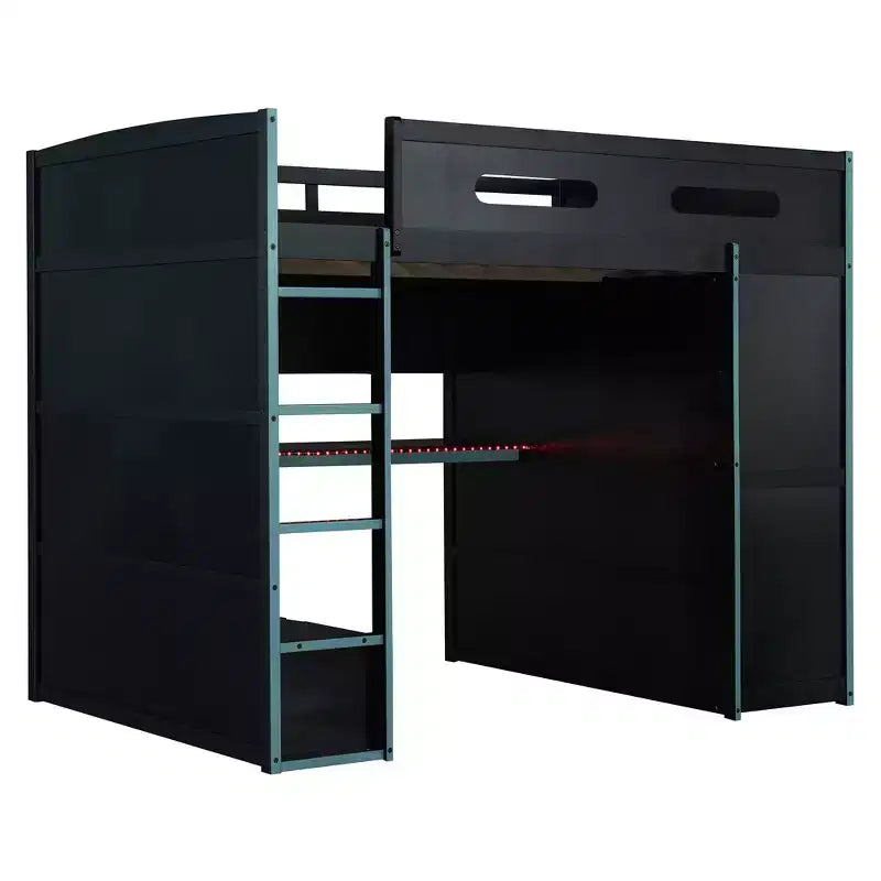 Letto a soppalco da gaming per adulti con scrivania, armadio, LED e USB – singolo – Blu/Verde/Rosso