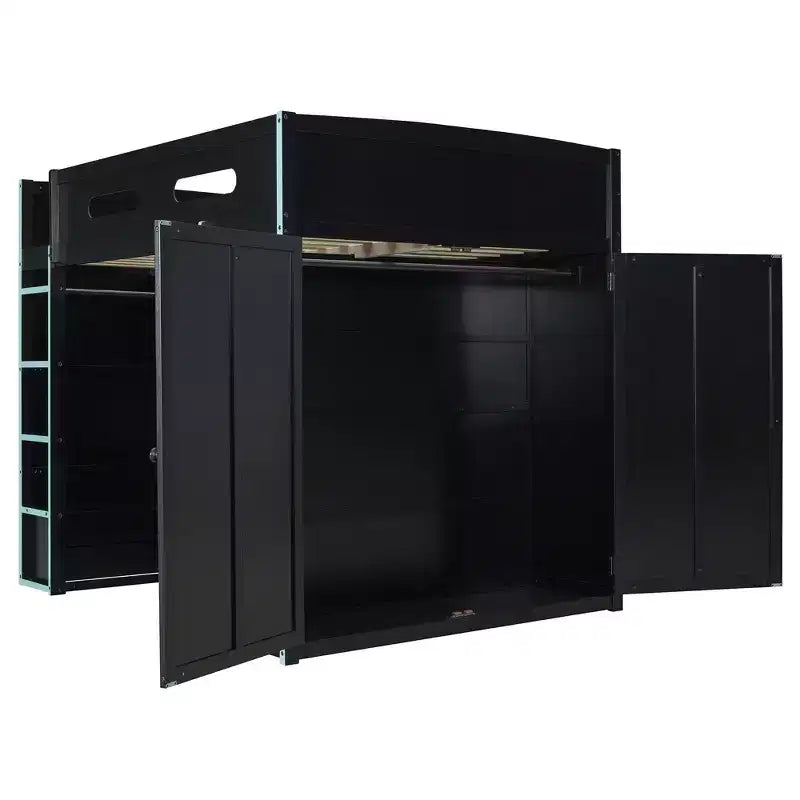 Letto a soppalco da gaming per adulti con scrivania, armadio, LED e USB – singolo – Blu/Verde/Rosso