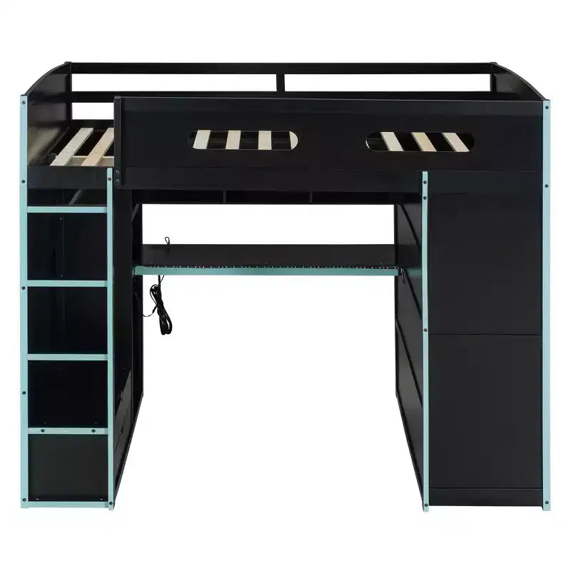 Letto a soppalco da gaming per adulti con scrivania, armadio, LED e USB – singolo – Blu/Verde/Rosso