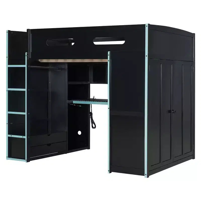 Letto a soppalco da gaming per adulti con scrivania, armadio, LED e USB – singolo – Blu/Verde/Rosso