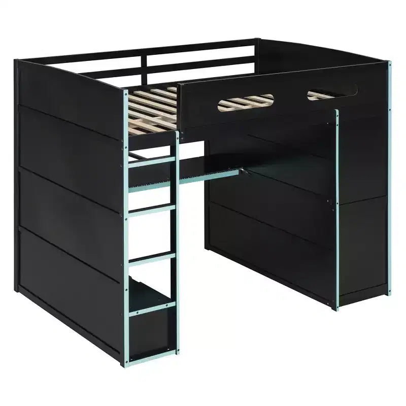 Letto a soppalco da gaming per adulti con scrivania, armadio, LED e USB – singolo – Blu/Verde/Rosso