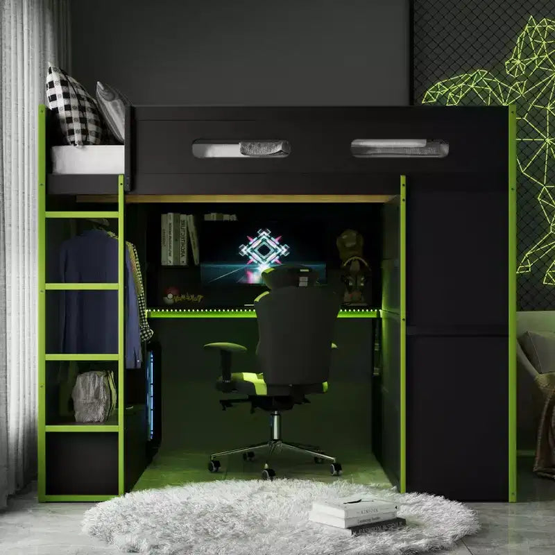 Letto a soppalco da gaming per adulti con scrivania, armadio, LED e USB – singolo – Blu/Verde/Rosso