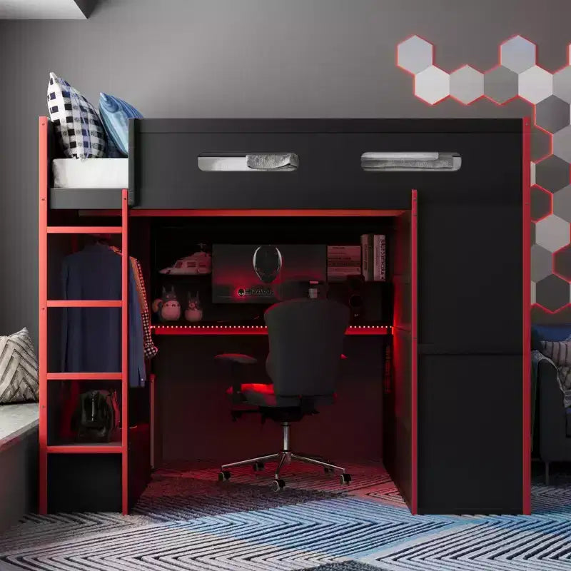Letto a soppalco da gaming per adulti con scrivania, armadio, LED e USB – singolo – Blu/Verde/Rosso