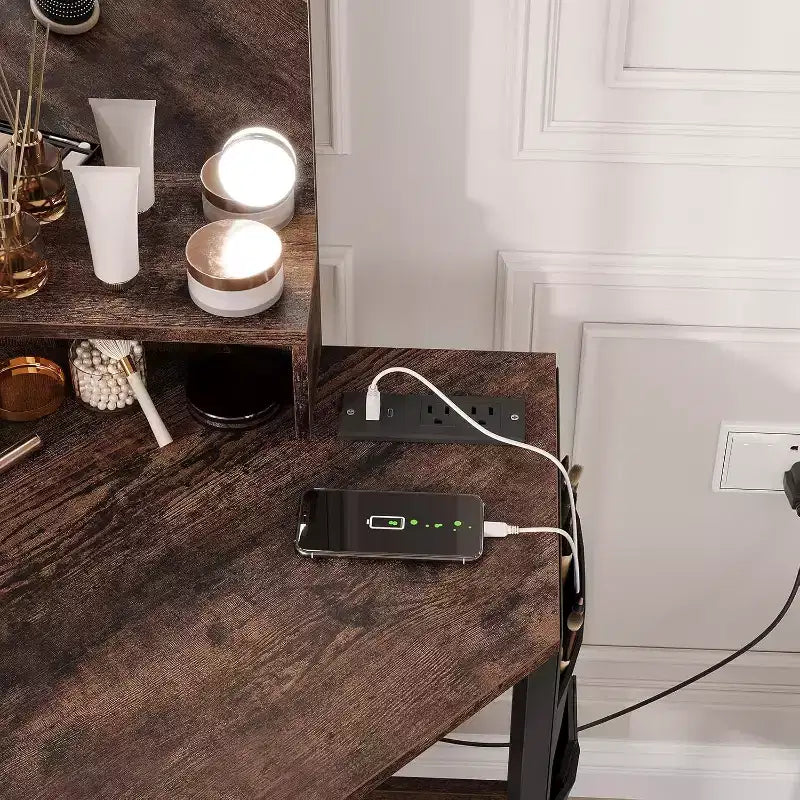 Angolo Toeletta Trucco con Sgabello e Specchio – Nero / Bianco / Tigrato, Lampadine o LED, 1 Persona