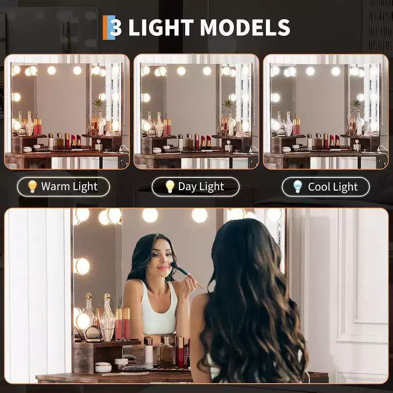 Angolo Toeletta Trucco con Sgabello e Specchio – Nero / Bianco / Tigrato, Lampadine o LED, 1 Persona