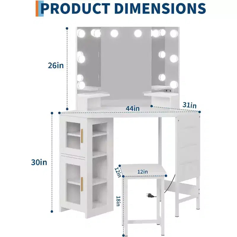 Angolo Toeletta Trucco con Sgabello e Specchio – Nero / Bianco / Tigrato, Lampadine o LED, 1 Persona