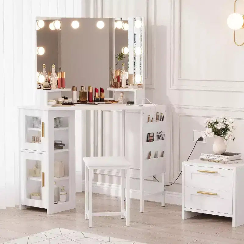Angolo Toeletta Trucco con Sgabello e Specchio – Nero / Bianco / Tigrato, Lampadine o LED, 1 Persona