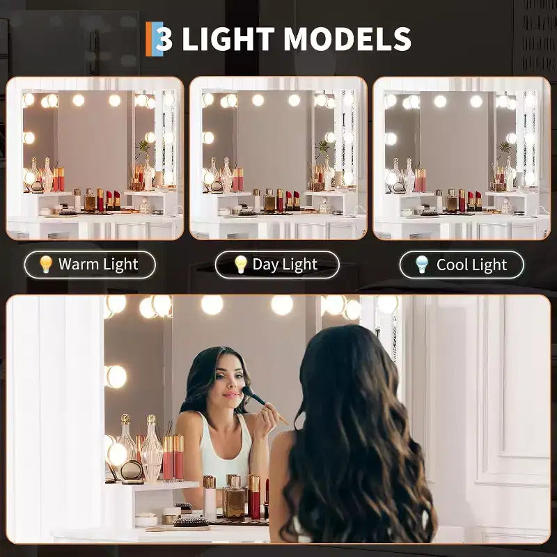 Angolo Toeletta Trucco con Sgabello e Specchio – Nero / Bianco / Tigrato, Lampadine o LED, 1 Persona
