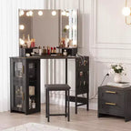 Angolo Toeletta Trucco con Sgabello e Specchio – Nero / Bianco / Tigrato, Lampadine o LED, 1 Persona