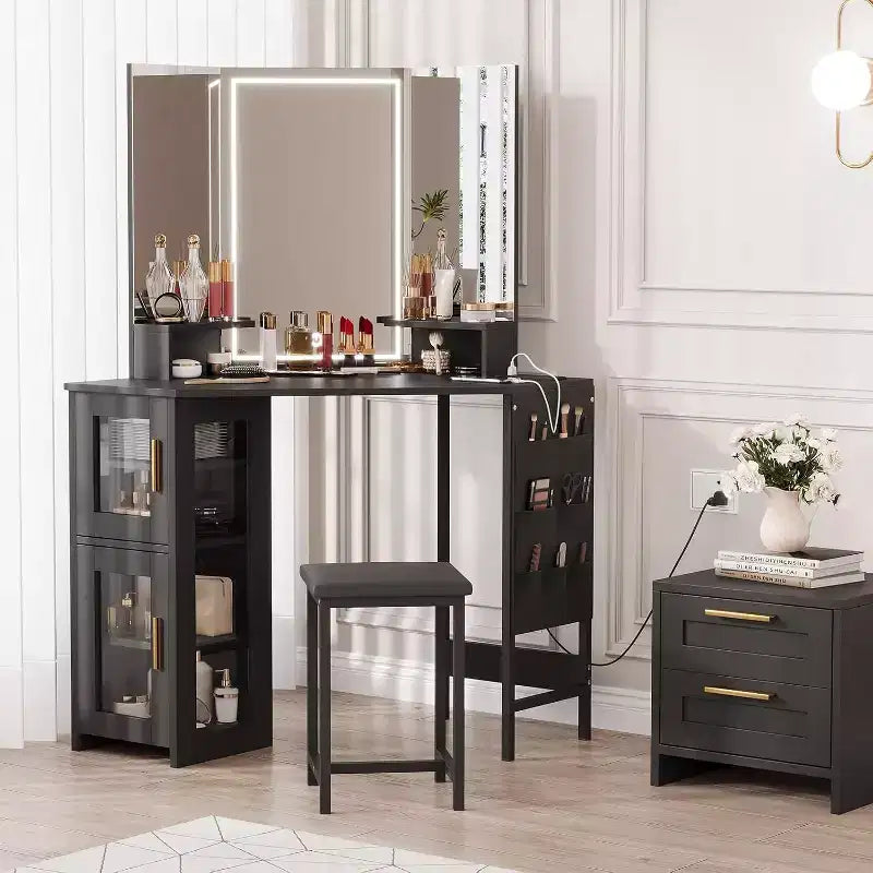 Angolo Toeletta Trucco con Sgabello e Specchio – Nero / Bianco / Tigrato, Lampadine o LED, 1 Persona