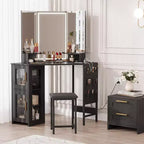 Angolo Toeletta Trucco con Sgabello e Specchio – Nero / Bianco / Tigrato, Lampadine o LED, 1 Persona