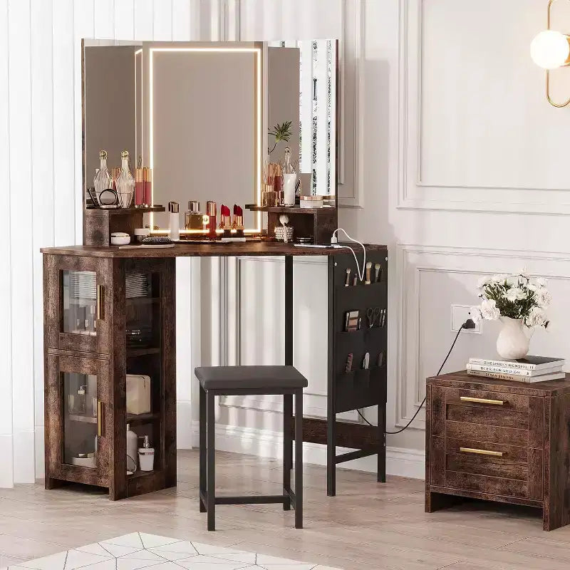 Angolo Toeletta Trucco con Sgabello e Specchio – Nero / Bianco / Tigrato, Lampadine o LED, 1 Persona