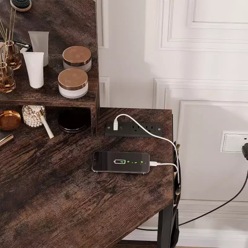 Angolo Toeletta Trucco con Sgabello e Specchio – Nero / Bianco / Tigrato, Lampadine o LED, 1 Persona