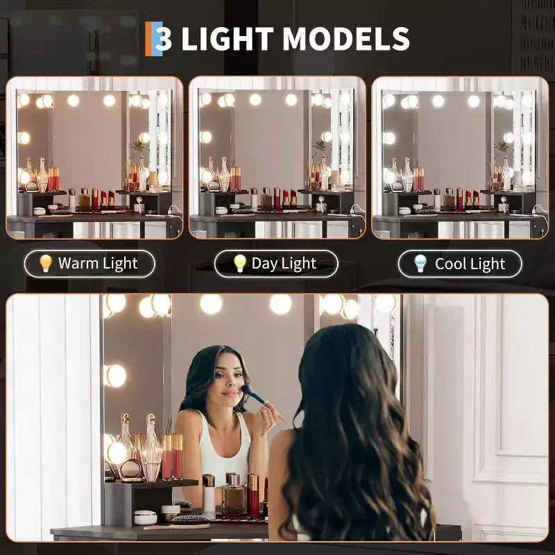 Angolo Toeletta Trucco con Sgabello e Specchio – Nero / Bianco / Tigrato, Lampadine o LED, 1 Persona