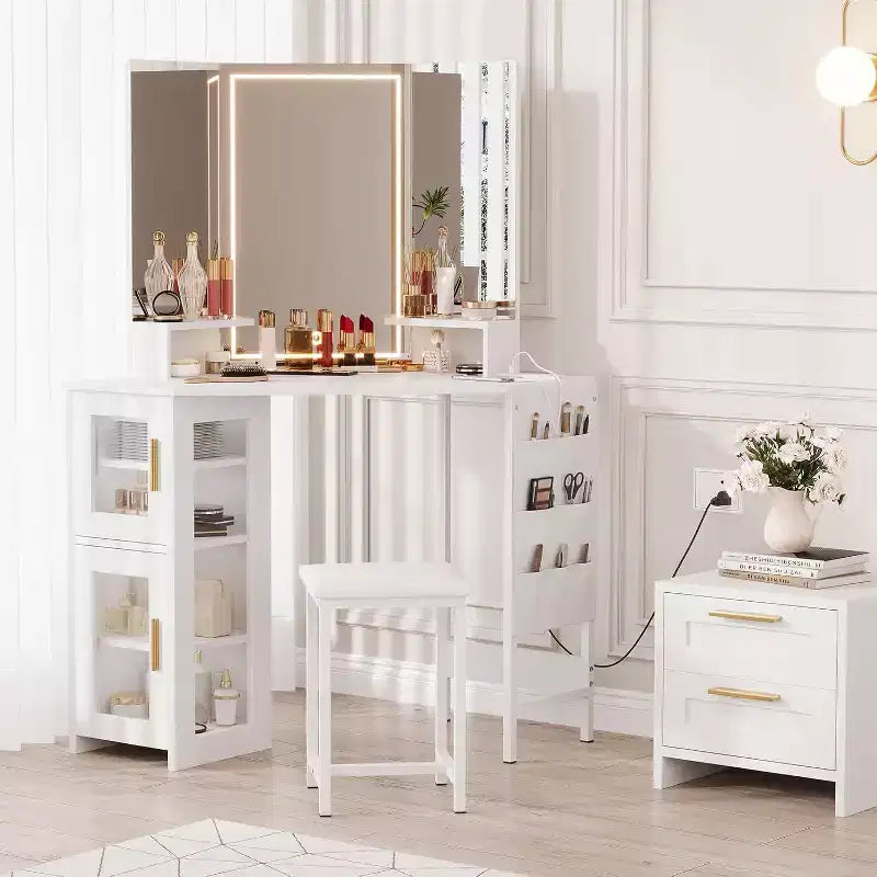 Angolo Toeletta Trucco con Sgabello e Specchio – Nero / Bianco / Tigrato, Lampadine o LED, 1 Persona