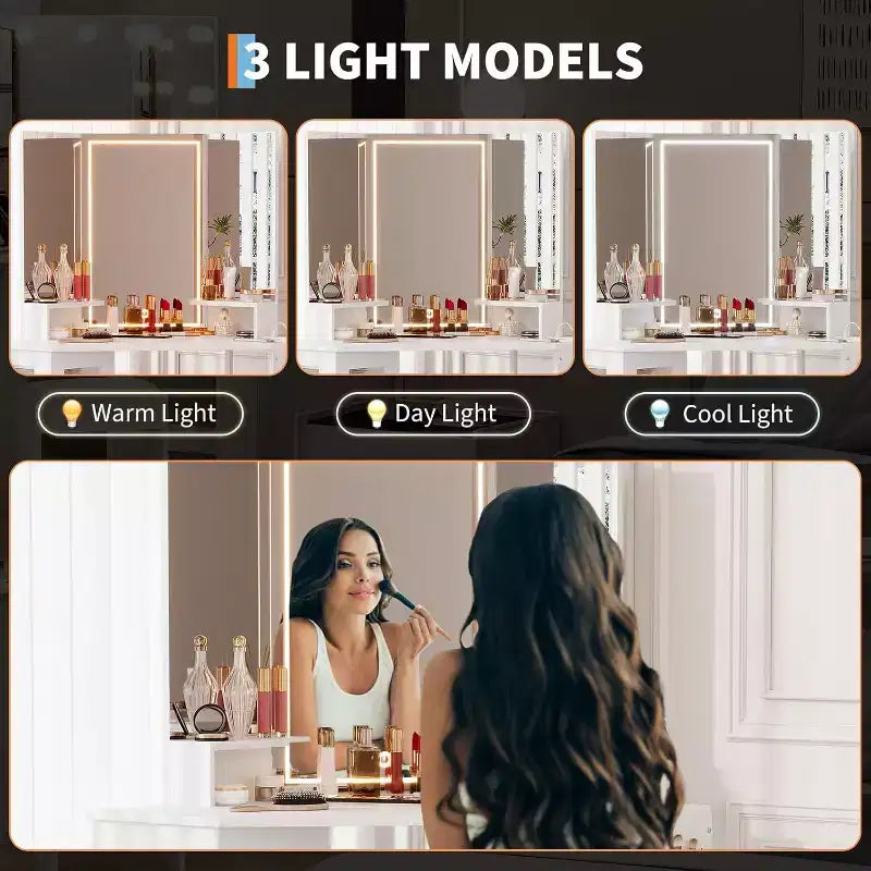 Angolo Toeletta Trucco con Sgabello e Specchio – Nero / Bianco / Tigrato, Lampadine o LED, 1 Persona