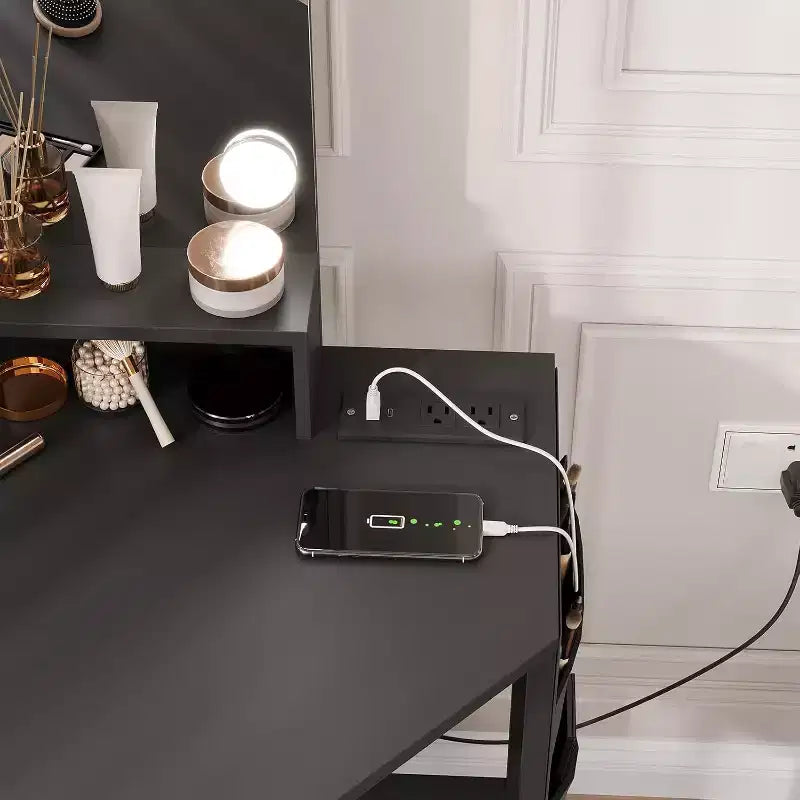 Angolo Toeletta Trucco con Sgabello e Specchio – Nero / Bianco / Tigrato, Lampadine o LED, 1 Persona