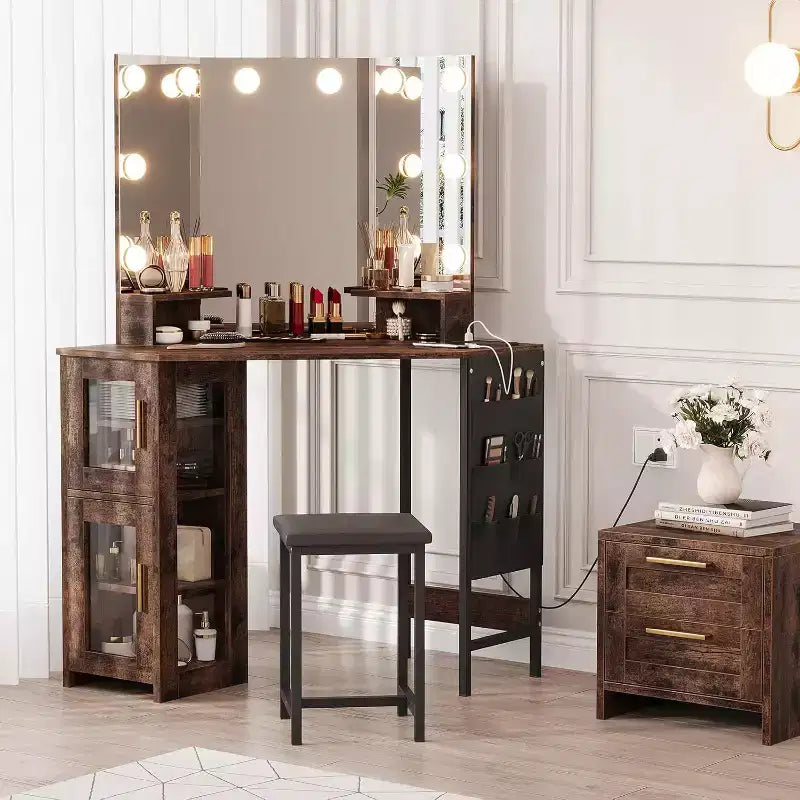 Angolo Toeletta Trucco con Sgabello e Specchio – Nero / Bianco / Tigrato, Lampadine o LED, 1 Persona