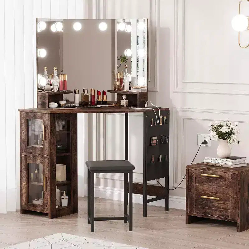 Angolo Toeletta Trucco con Sgabello e Specchio – Nero / Bianco / Tigrato, Lampadine o LED, 1 Persona
