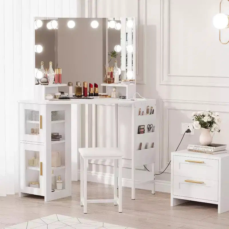 Angolo Toeletta Trucco con Sgabello e Specchio – Nero / Bianco / Tigrato, Lampadine o LED, 1 Persona