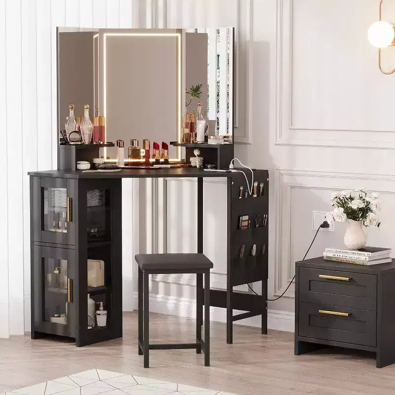 Angolo Toeletta Trucco con Sgabello e Specchio – Nero / Bianco / Tigrato, Lampadine o LED, 1 Persona