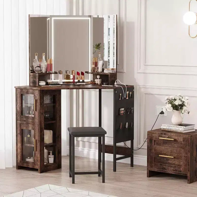 Angolo Toeletta Trucco con Sgabello e Specchio – Nero / Bianco / Tigrato, Lampadine o LED, 1 Persona