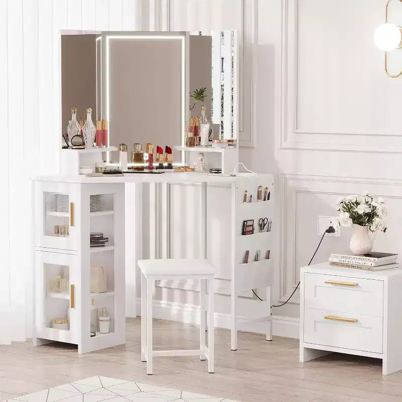 Angolo Toeletta Trucco con Sgabello e Specchio – Nero / Bianco / Tigrato, Lampadine o LED, 1 Persona