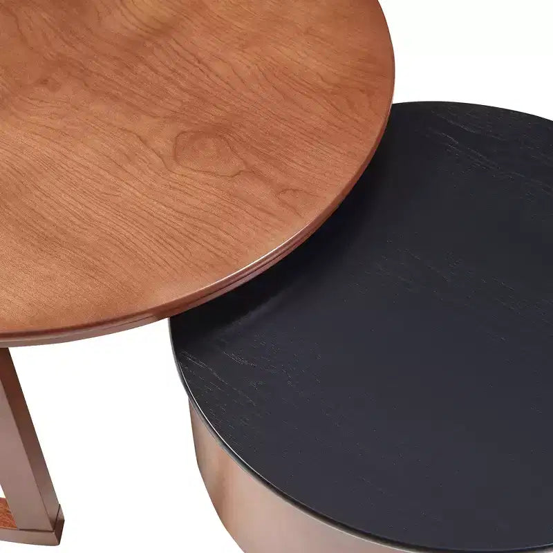 Set di 2 tavolini da caffè rotondi impilabili neri e noce con cassetto